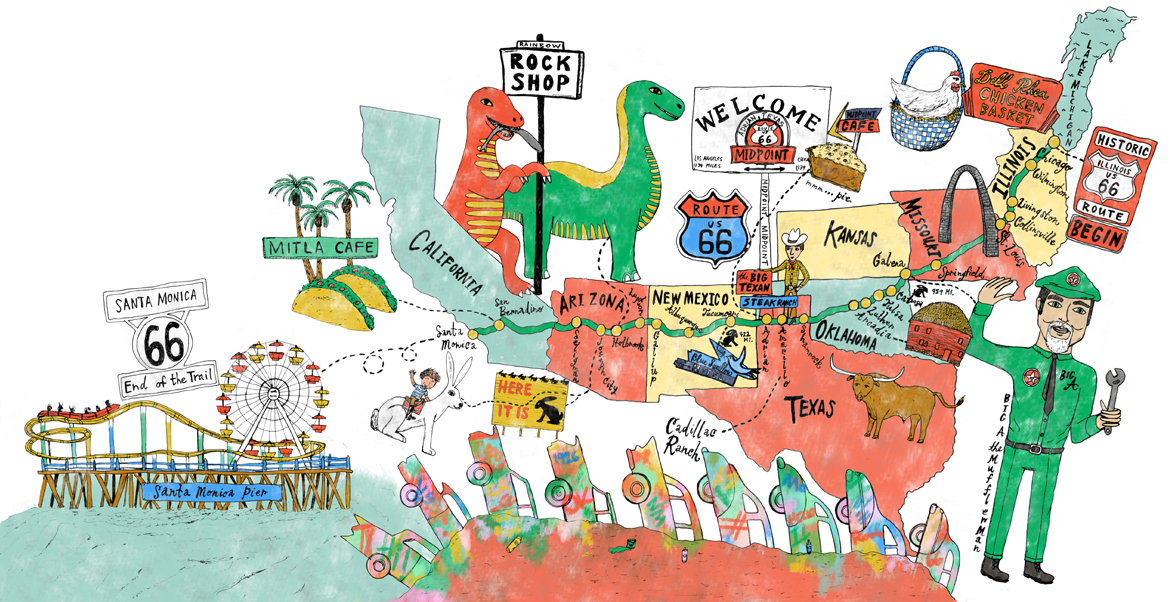 An illustrated Route 66 travel map for an adventure down the Mother Road with Kids!